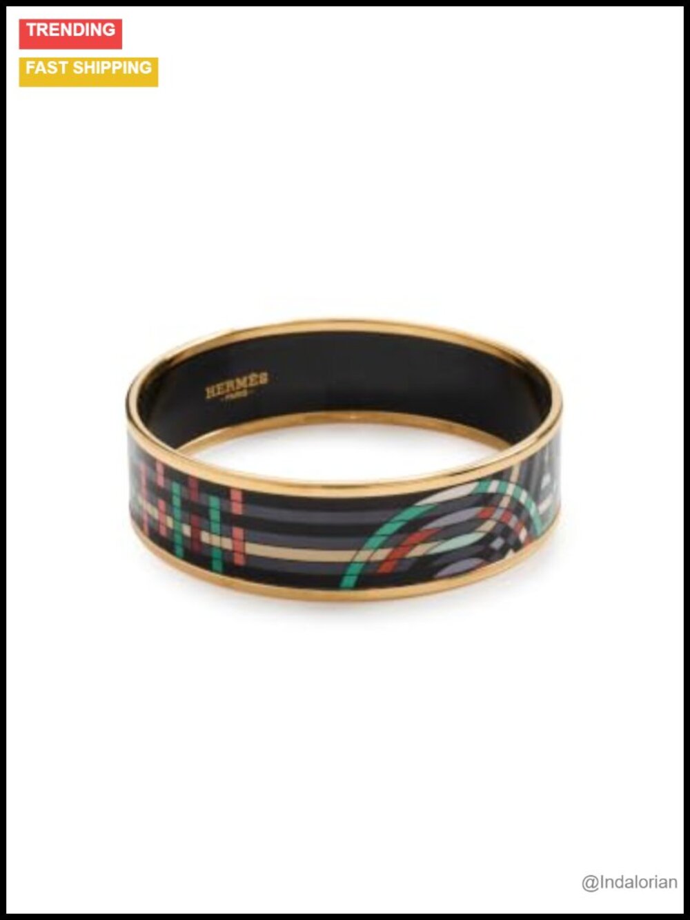 Pre-Loved Wide Bangle Bracelet Black Gold Enamel Heritage